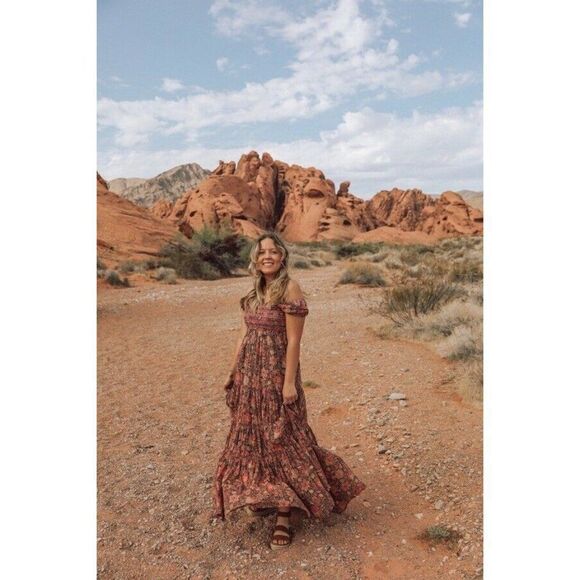 NEW FREE PEOPLE THE GETAWAY SMOCKED TIERED MAXI DRESS RED COMBO - Picture 4 of 5